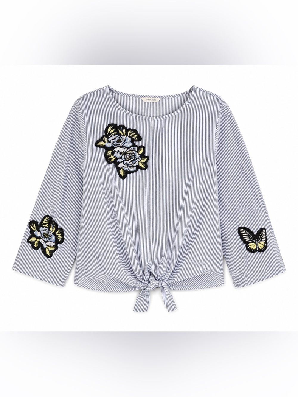 Crown‎ & Ivy Blue White Striped Tie Front Top Women’s M Floral 3/4 Sleeve